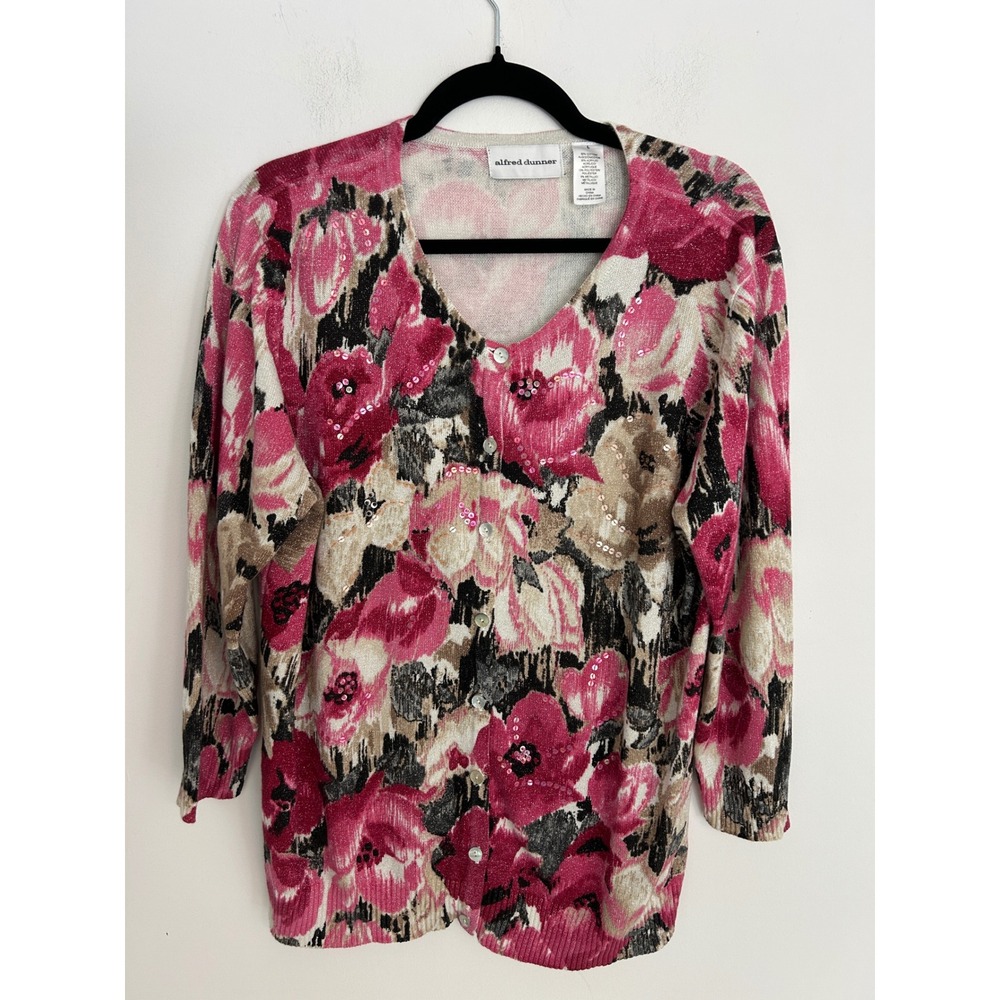 Alfred Dunner Pink Floral Sequin Metallic Cardigan Sweater Womens Large V-Neck
